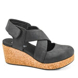 Black wedge sandal with cork sole on a white background