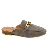 Gray suede slipper with gold chain detail on a white background