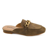 Brown suede slipper with gold chain detail on a white background