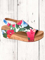 women's floral cork wrapped wedge sandal
