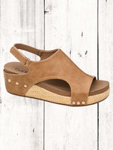 women's studded, cushioned sandal with raffia wrapped wedge
