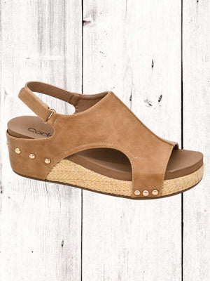 women's studded, cushioned sandal with raffia wrapped wedge