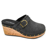 Black clog shoe with cork wedge sole on a white background