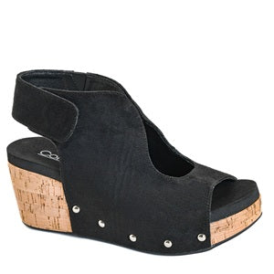 Corkys Frisky Black wedge sandal with cork insole on a white background