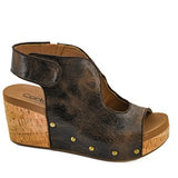 Corkys Frisky Rich Espresso Brown wedge sandal with cork sole on a white background