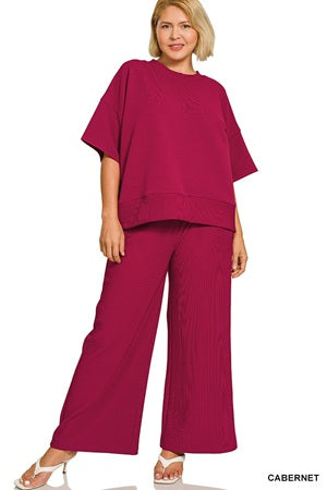 Zenana Plus Ribbed Round Neck Tee & Pants Set