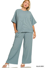 Zenana Plus Ribbed Round Neck Tee & Pant Set