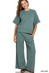 Zenana Ribbed Round Neck Tee Pant Set