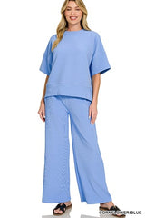 Zenana Ribbed Round Neck Tee Pant Set