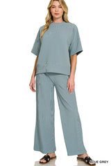 Zenana Ribbed Round Neck Tee Pant Set