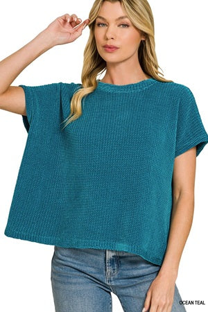 Zenana Chenille Waffle Cap Sleeve Sweater