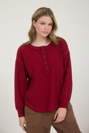 Blu Pepper Ribbed Henley Long Sleeve Exposed Seam Knit Top