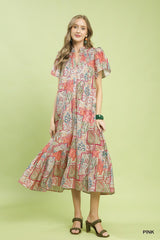 Umgee Boho Patchwork Print Flutter Sleeve Midi Dress