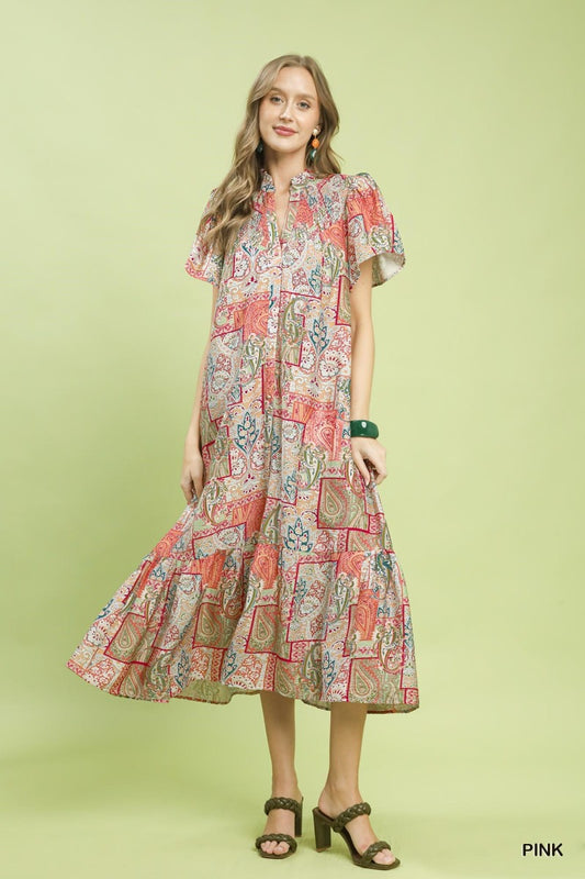 Umgee Boho Patchwork Print Flutter Sleeve Midi Dress