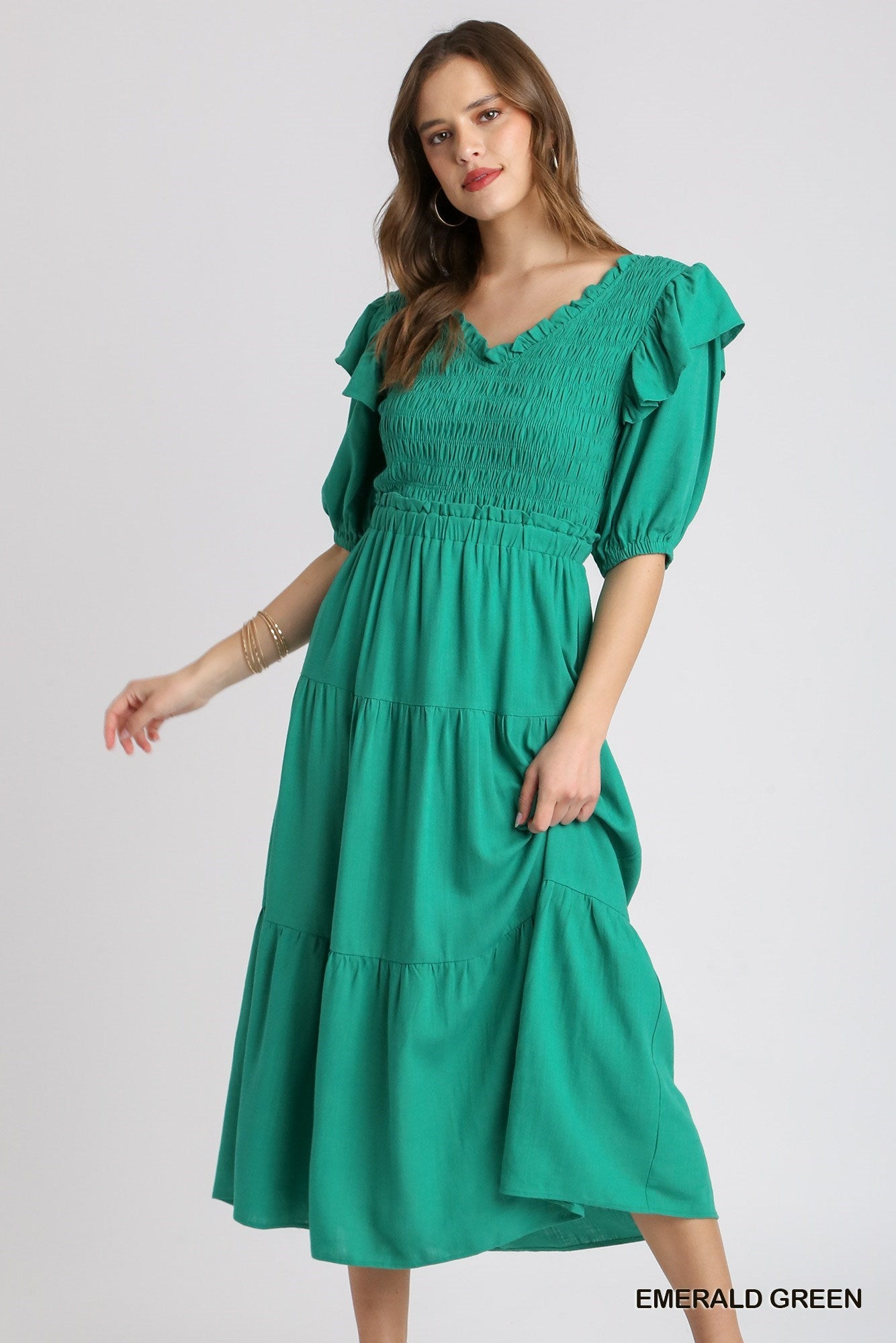 Smocked V-Neck Midi Dress