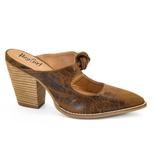 Brown shoe with a block heel on a white background