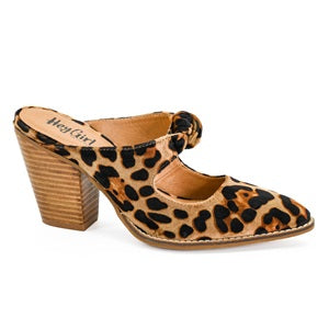 Leopard print shoe with wooden heel on a white background