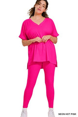 Zenana Plus V-Neck Short Sleeve Pant Set