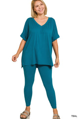 Zenana Plus V-Neck Short Sleeve Pant Set