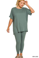 Zenana Plus Round Neck Short Sleeve Pant Set