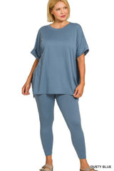 Zenana Plus Round Neck Short Sleeve Pant Set