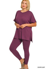 Zenana Plus Round Neck Short Sleeve Pant Set