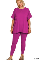 Zenana Plus Round Neck Short Sleeve Pant Set