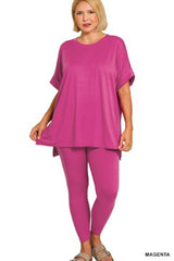 Zenana Plus Round Neck Short Sleeve Pant Set