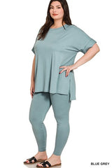 Zenana Plus Round Neck Short Sleeve Pant Set