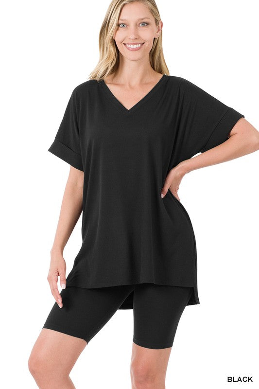 Plus V-Neck Hi-Low Hem Short Set