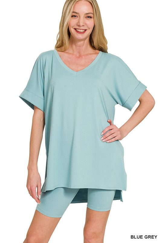 Plus V-Neck Hi-Low Hem Short Set