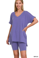 Plus V-Neck Hi-Low Hem Short Set