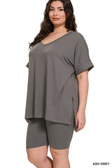 Zenana Plus V-Neck Hi-Low Hem Short Set
