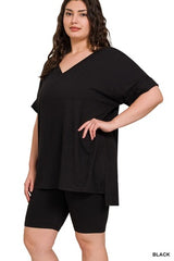 Zenana Plus V-Neck Hi-Low Hem Short Set