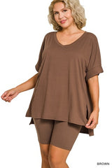Zenana Plus V-Neck Hi-Low Hem Short Set