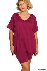 Zenana Plus V-Neck Hi-Low Hem Short Set
