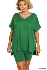 Zenana Plus V-Neck Hi-Low Hem Short Set