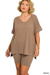 Zenana Plus V-Neck Hi-Low Hem Short Set