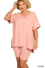Zenana Plus V-Neck Hi-Low Hem Short Set