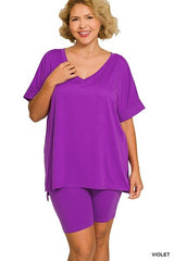 Zenana Plus V-Neck Hi-Low Hem Short Set