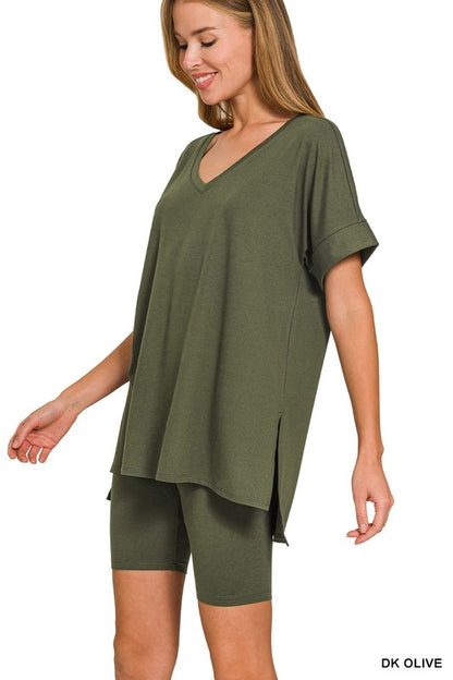 V-Neck Hi-Low Hem Short Set