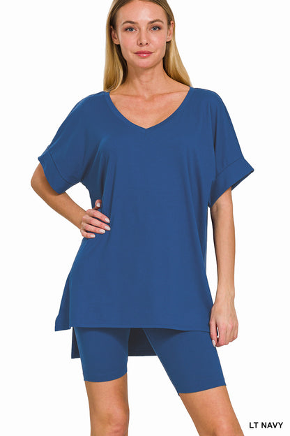 V-Neck Hi-Low Hem Short Set