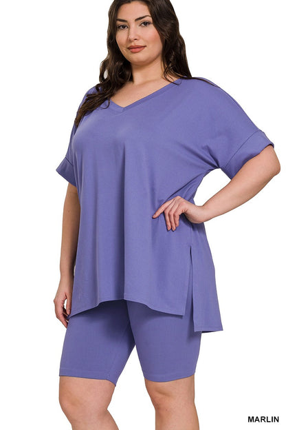 V-Neck Hi-Low Hem Short Set