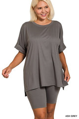 Zenana Plus Hi-low Hem Round Neck Short Set