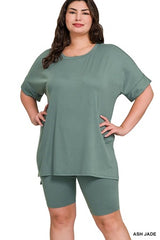 Zenana Plus Hi-low Hem Round Neck Short Set