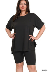 Zenana Plus Hi-low Hem Round Neck Short Set