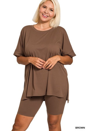 Zenana Plus Hi-low Hem Round Neck Short Set