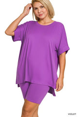 Zenana Plus Hi-low Hem Round Neck Short Set