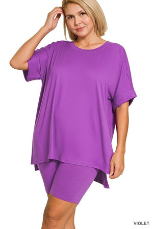 Zenana Plus Hi-low Hem Round Neck Short Set