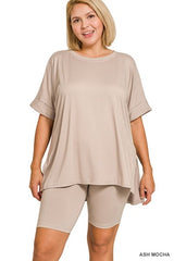 Zenana Plus Hi-low Hem Round Neck Short Set